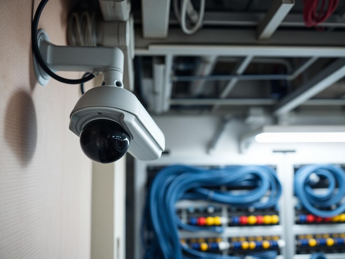 Câmera de segurança instalada em parede com rack de rede estruturada ao fundo