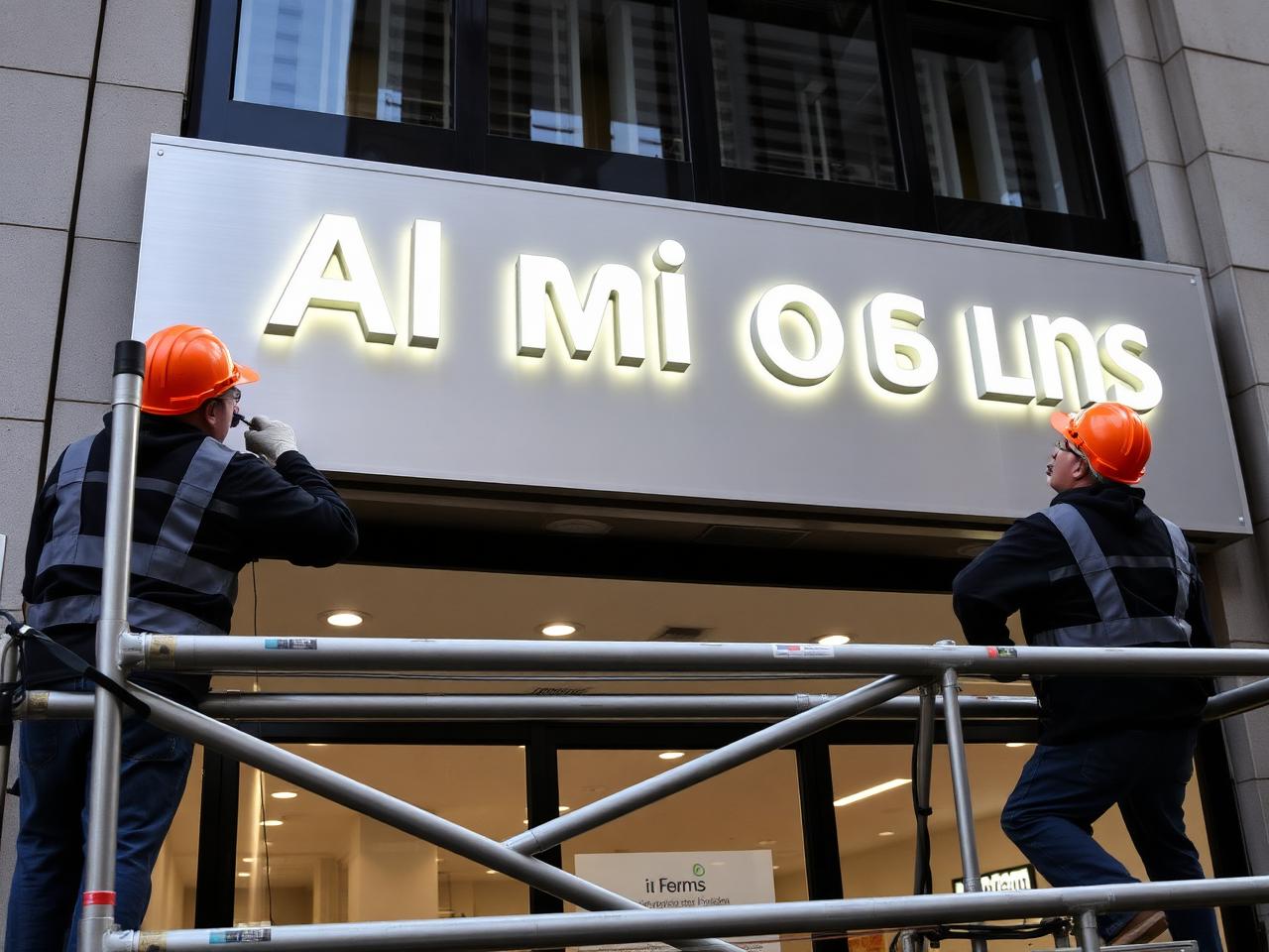 Equipe instalando letreiro iluminado em fachada comercial com andaime