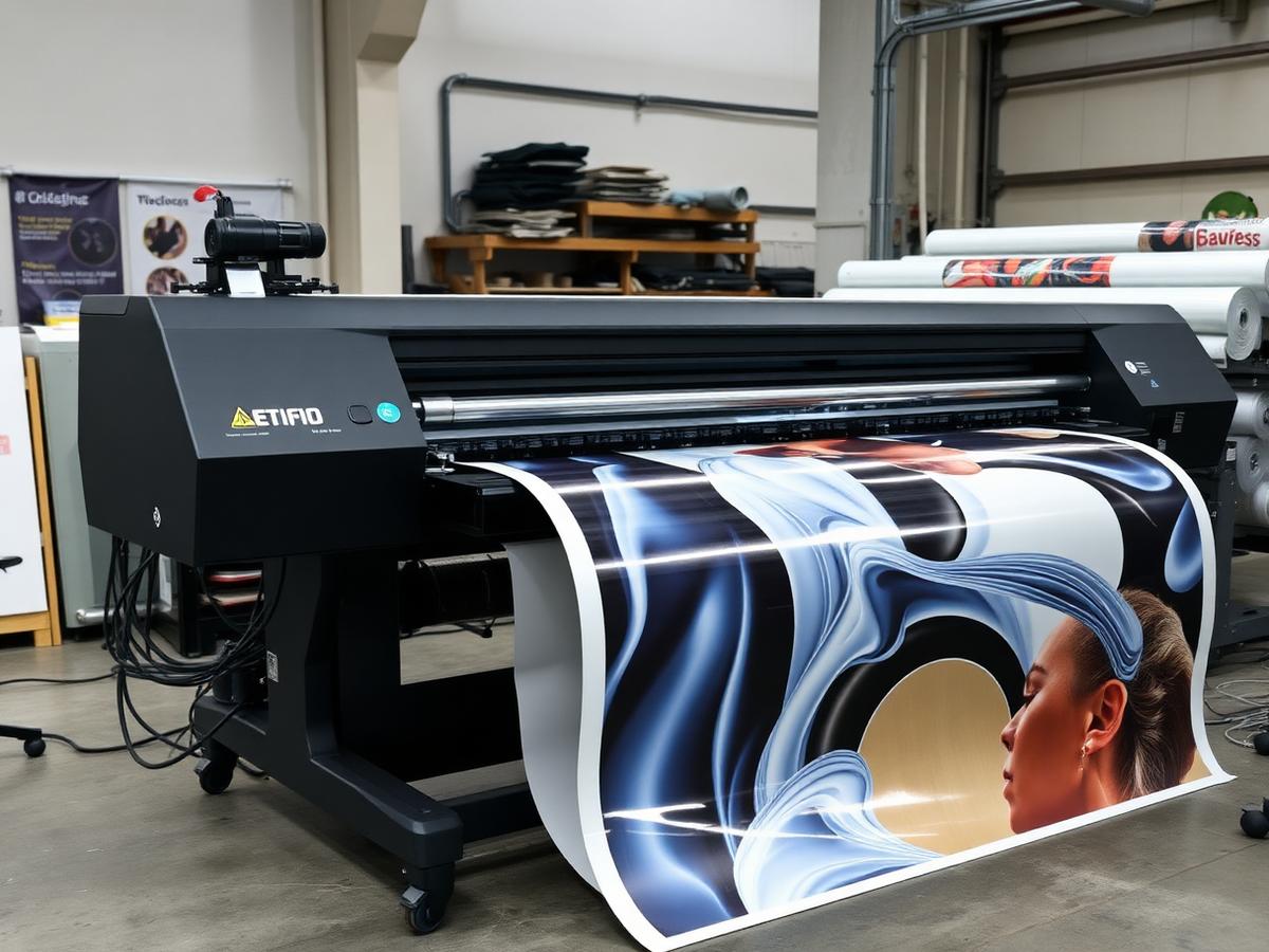 Impressora digital de grande formato produzindo material adesivo em oficina