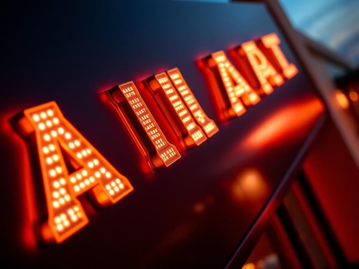 Letras iluminadas em LED aplicadas em fachada escura ao entardecer
