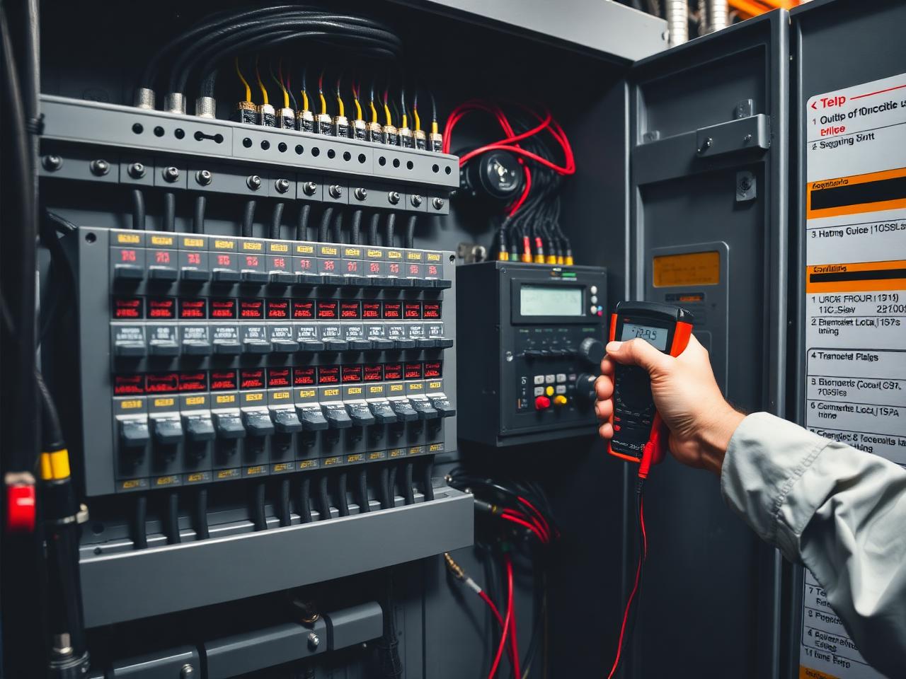 Painel elétrico industrial aberto com disjuntores e medição sendo feita por técnico